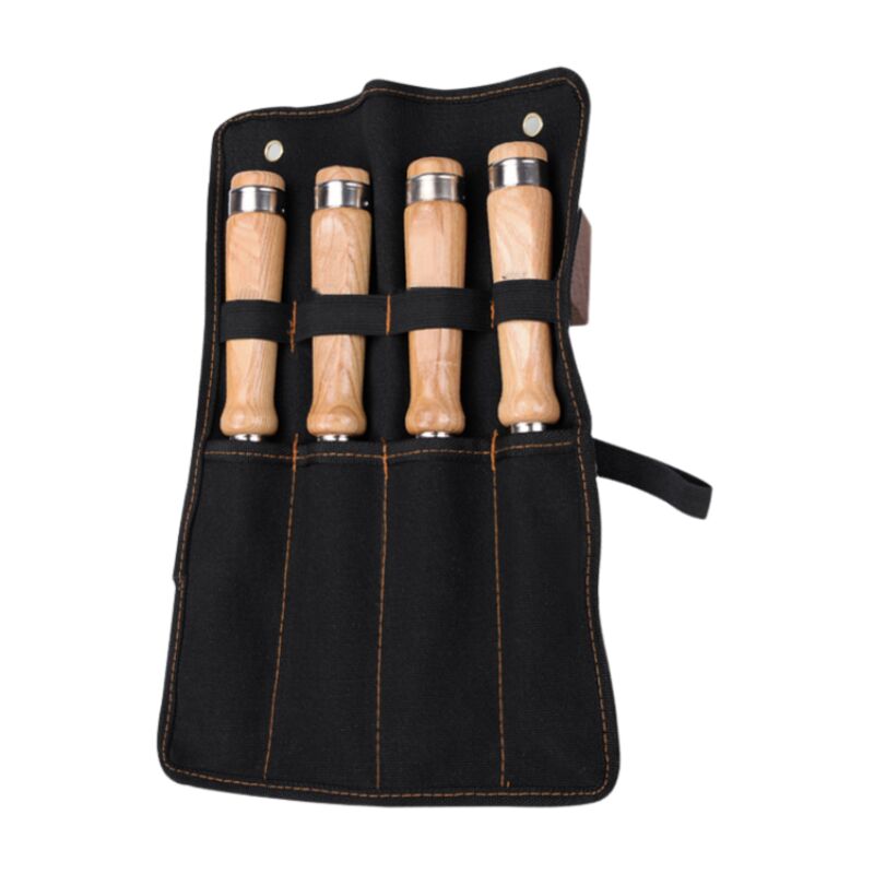foto del prodotto set di scalpelli professionali da 4 pezzi per legno, manici in legno resistenti, set di scalpelli con custodia in pelle per intaglio del legno da 8