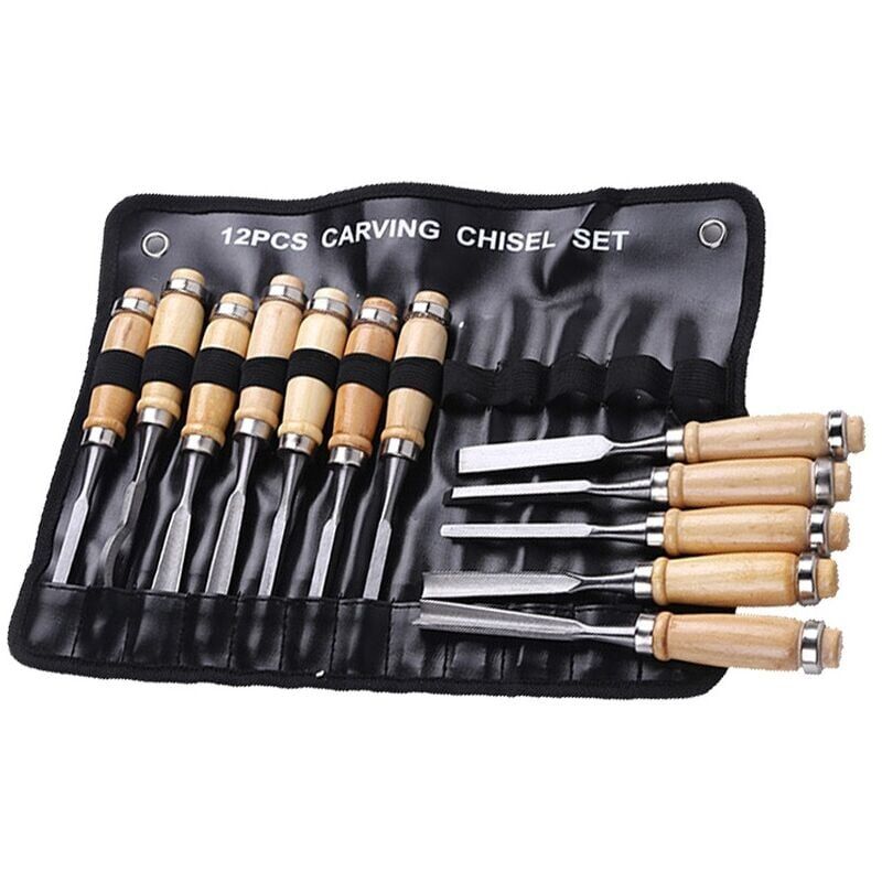 foto del prodotto set di scalpelli professionali per legno, utensile per falegnameria, scalpello manuale con manici in legno e custodia set da 12 pezzi 