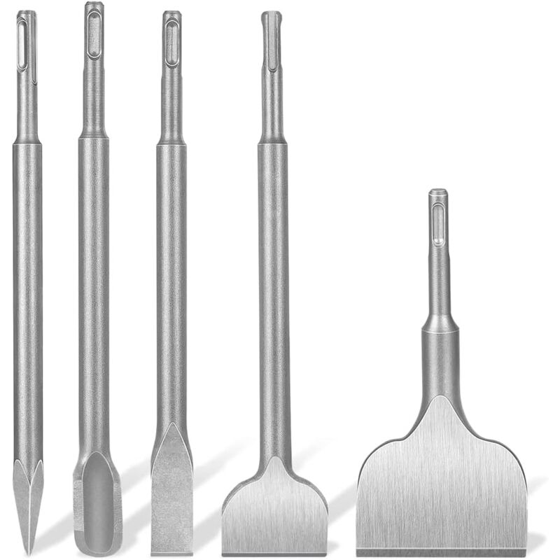foto del prodotto set di scalpelli sds plus da 5 pezzi scalpello largo, scalpello piatto, scalpello a punta e scalpello a u per muratura di piastrelle, muratura,