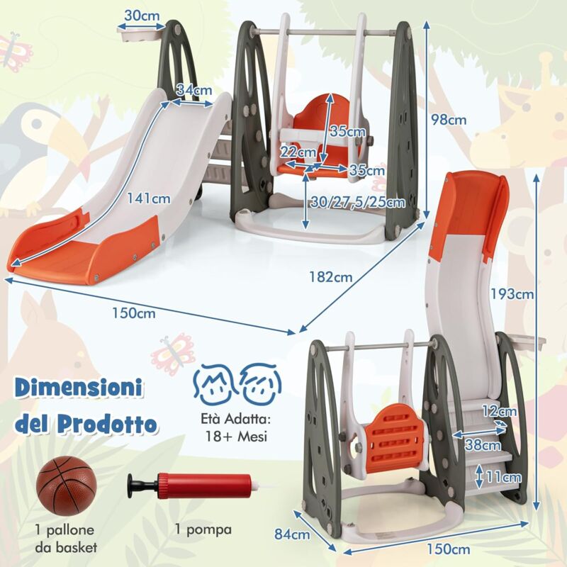 foto del prodotto set di scivolo pieghevole per bambini, con altalena, scivolo, arrampicata e canestro da basket, altalena regolabile in altezza, parco giochi 4 in 1