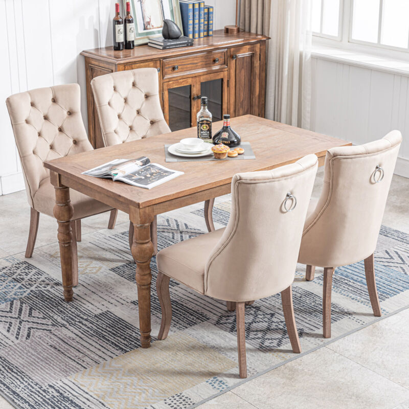 foto del prodotto set di sedie per sala da pranzo in velluto, gambe in legno, beige, 4 pz