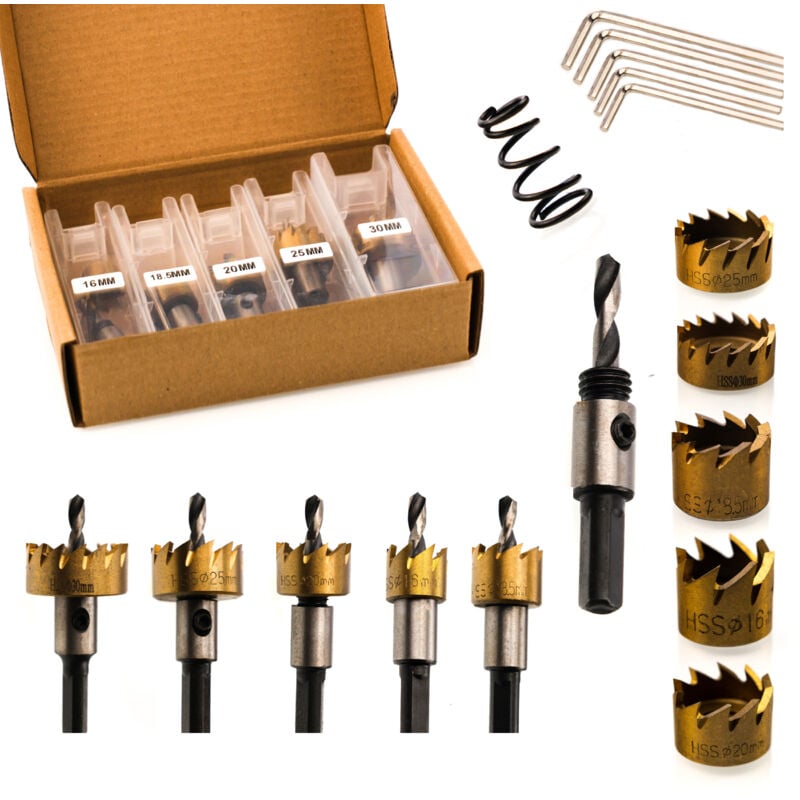 foto del prodotto set di seghe a tazza rosfix per metallo, acciaio, legno, 5 pezzi 16 mm 18,5 mm 20 mm 25 mm 30 mm 