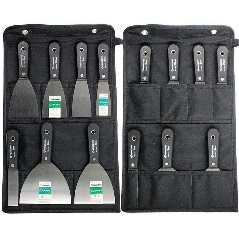 foto del prodotto set di spatole per stucco in acciaio candyse, set di spatole per mastice, 7 pezzi con custodia, raschietto per pareti, manico in plastica antiscivolo