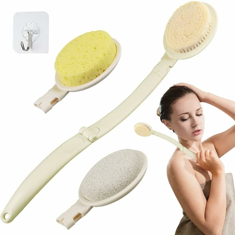 foto del prodotto set di spazzole da bagno 3 in 1, spazzola da doccia pieghevole con manico extra lungo, spugna di luffa e setole di spazzola per la schiena per