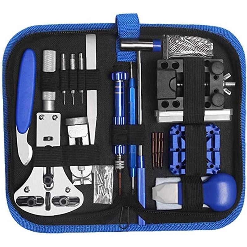 foto del prodotto set di strumenti per orologiaio, kit di riparazione per orologi da 185 pezzi, collegamento cinturino, supporto per fondello, apriscatole a molla