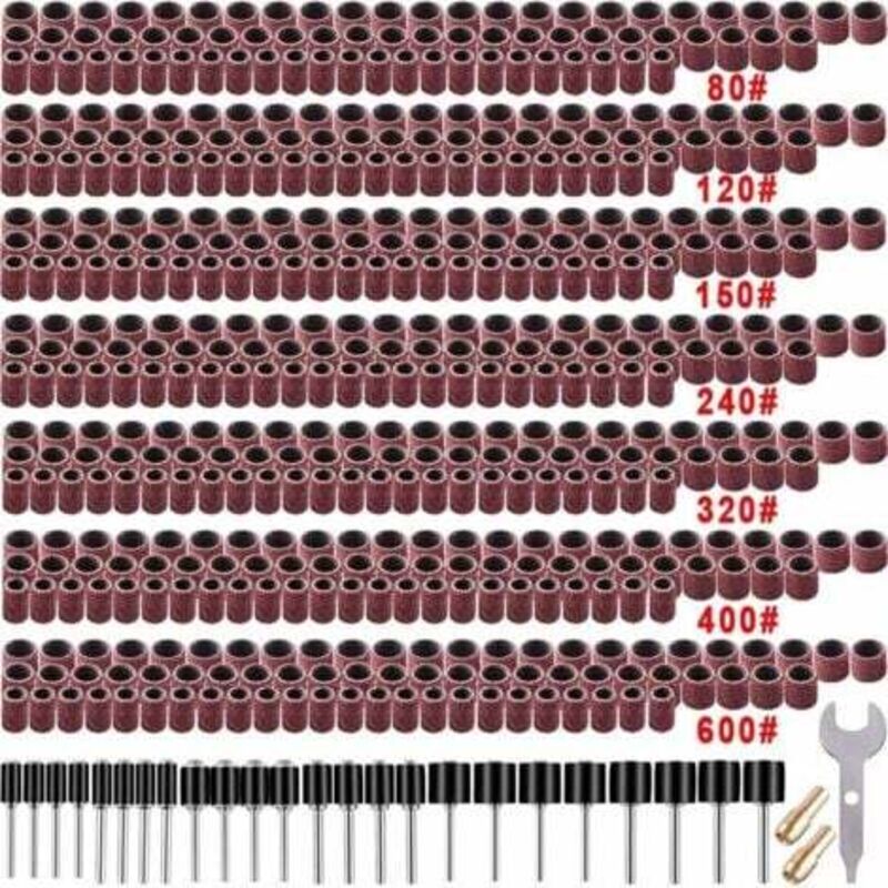 foto del prodotto set di tamburi abrasivi da 531 pezzi per utensili rotanti dremel, con 504 tamburi abrasivi, 24 mandrini per tamburi e 2 mandrini autoserranti.