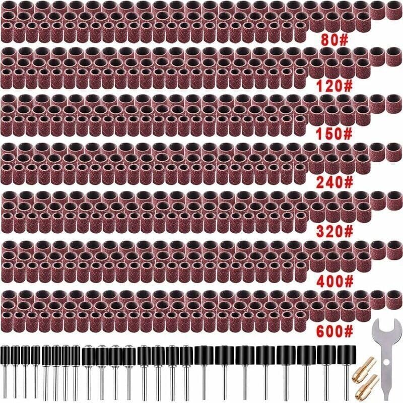 foto del prodotto set di tamburi abrasivi da 531 pezzi per utensili rotanti dremel, con tamburi abrasivi da 504 pezzi, 24 mandrini per tamburi e 2 mandrini