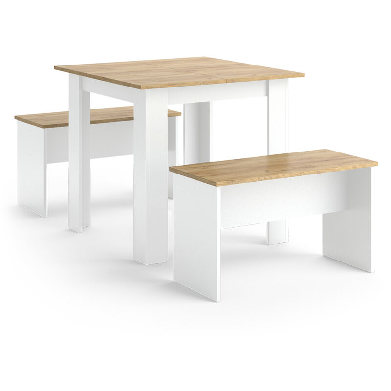 foto del prodotto set di tavoli da pranzo sentio, rovere bianco dorato, 80 x 80 cm con 2 panche vicco