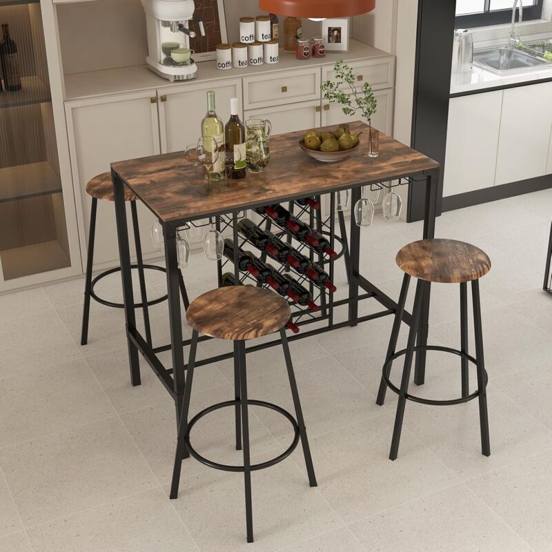 foto del prodotto set di tavolo da bar con 4 sgababelli da bar, con portabottiglie e portabicchieri, in legno e metallo,100 x 60 x 101,5 cm relax4life