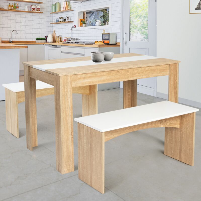 foto del prodotto set di tavolo da pranzo e 2 panche rozy per 4 persone, finitura faggio e bianco 110 cm