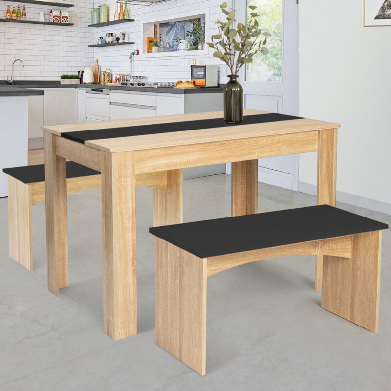 foto del prodotto set di tavolo da pranzo e 2 panche rozy per 4 persone, finitura faggio e nero 110 cm