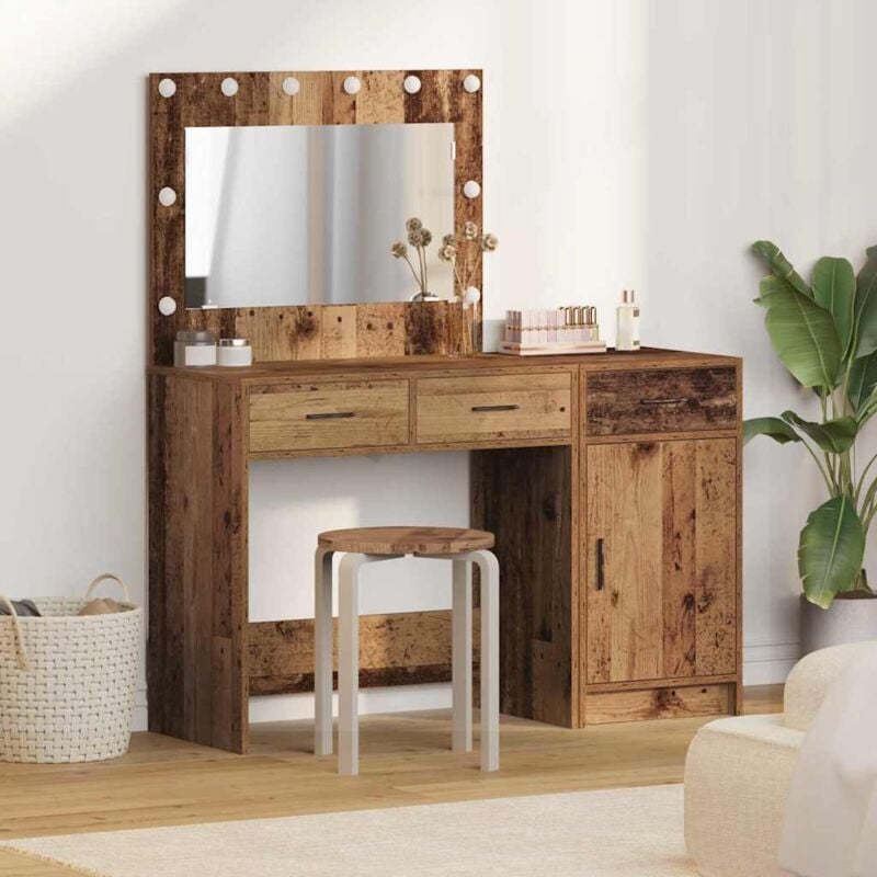 foto del prodotto set di tavolo da trucco 2 pezzi con led in legno vecchio e legno ingegnerizzato