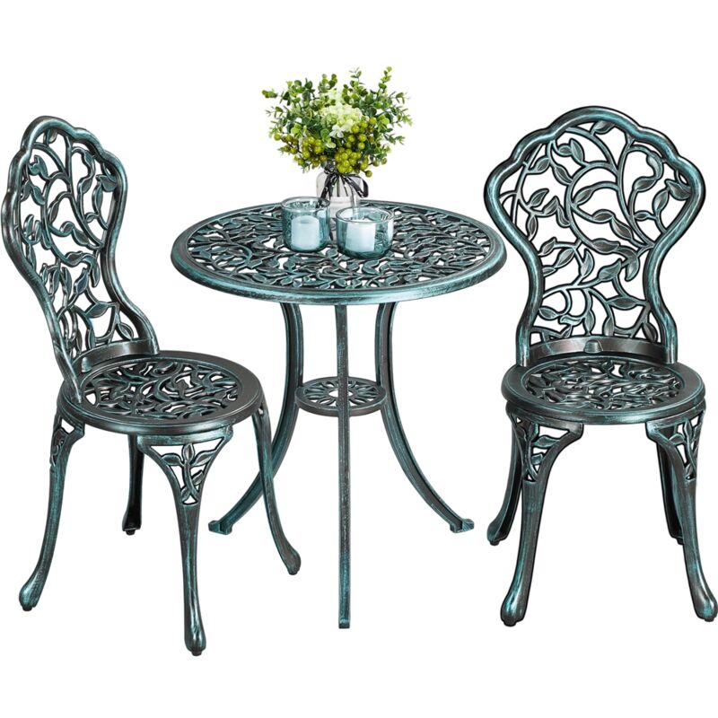 foto del prodotto set di tavolo e sedie da giardino 2 sedie 3 pezzi bistr veranda set mobili balcone motivo a foglia in alluminio verde yaheetech