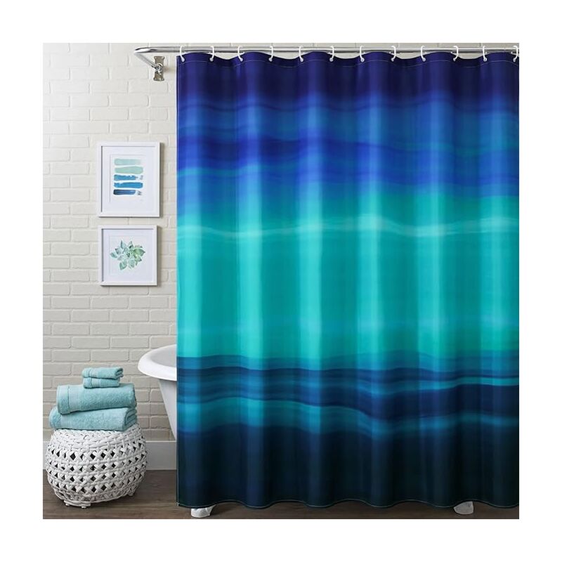 foto del prodotto set di tende da doccia con ganci, motivo oceano blu navy, tenda da doccia in tessuto astratto sfumato verde acqua per arredo bagno a tema spiaggia