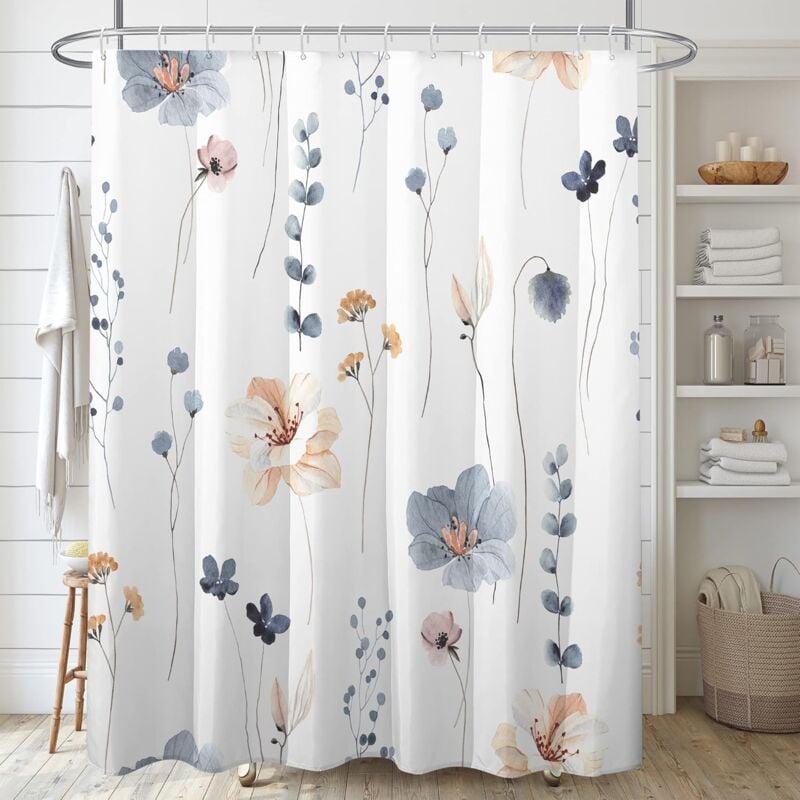 foto del prodotto set di tende da doccia con motivi floreali ad acquerello, tende da bagno con motivi floreali blu e beige, tenda da bagno bianca moderna e minimalista, tessuto impermeabile 72x72 pollici - bebusingoto