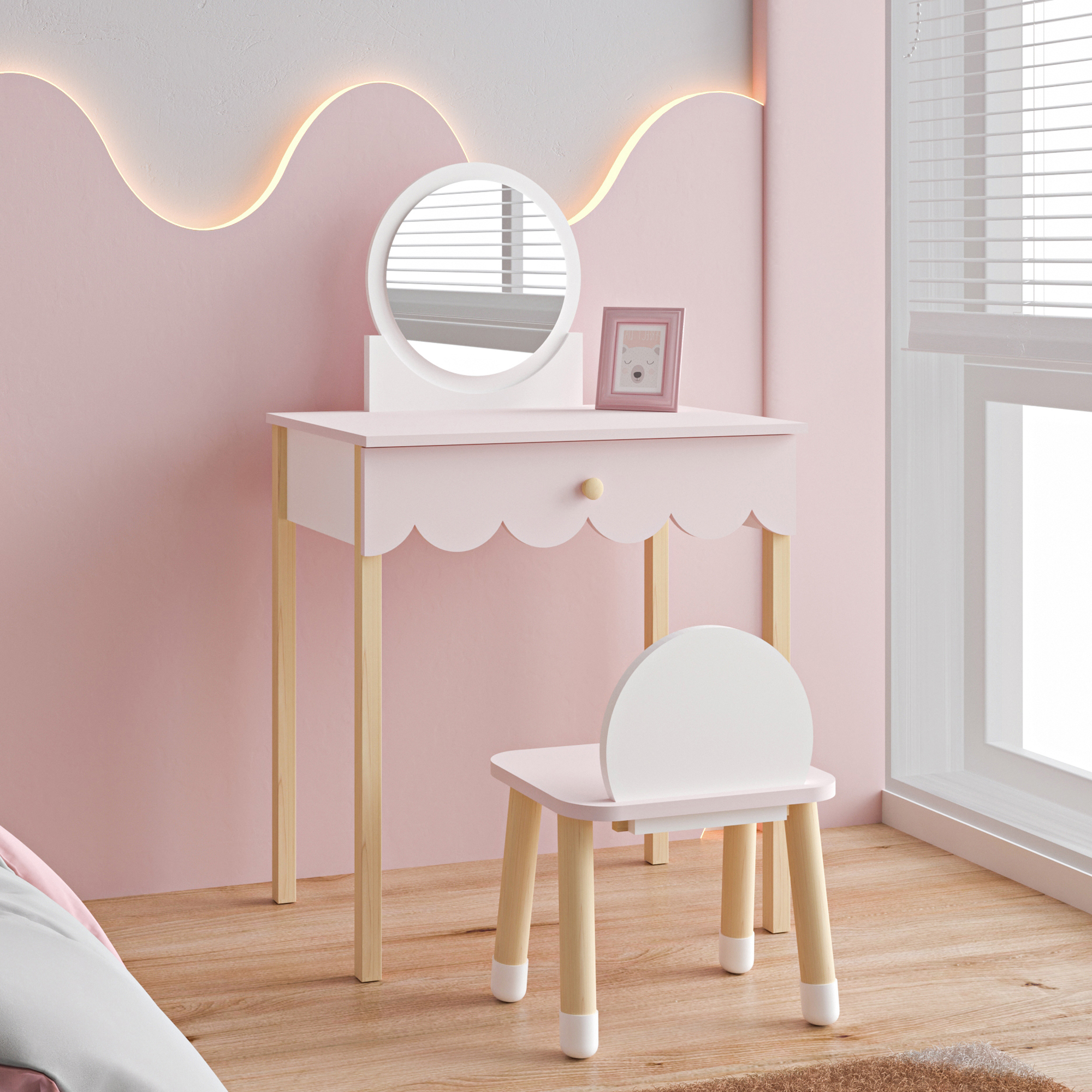 foto del prodotto set di toeletta vestnes tavolino da trucco con sedia per cameretta rosa bianco en.casa 