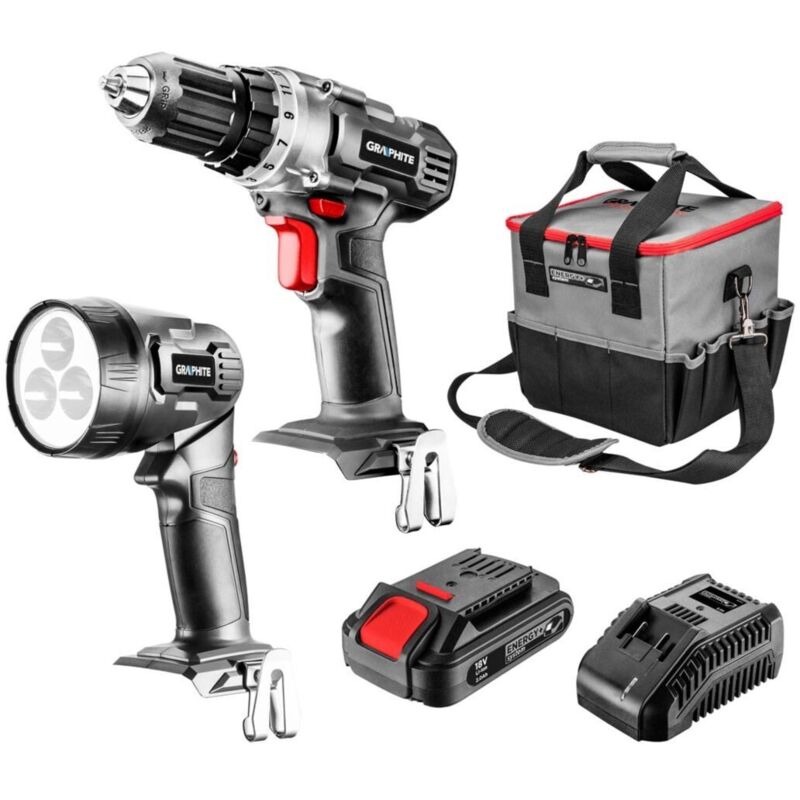 foto del prodotto set di utensili elettrici senza fili trapano avvitatore, torcia, borsa, batteria energy 18v, li-ion 2.0ah, caricabatteria