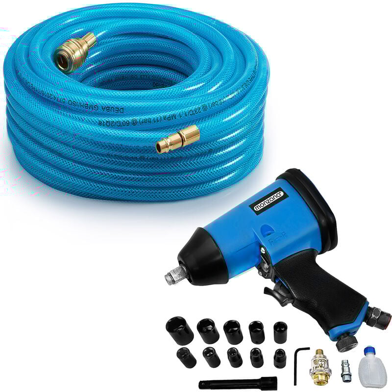 foto del prodotto set di utensili per aria compressa avvolgitubo tubo sega pneumatica avvitatore a impulsi cucitrice sparachiodi avvolgitubo 20m druckluftschlauch + schlagschrauber set (de) - monzana