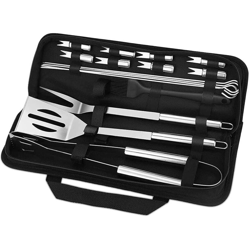 foto del prodotto set di utensili per barbecue, 16 pezzi di utensili per barbecue in acciaio inossidabile con custodia spatola forchetta pinze spiedini e spazzole per