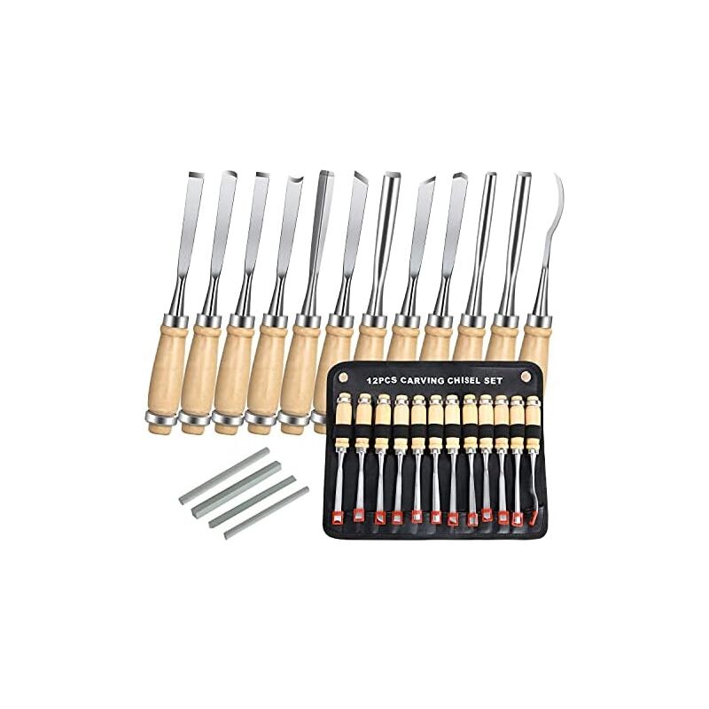 foto del prodotto set di utensili per intaglio del legno, 12 pezzi, per principianti, scultori, falegnami, hobbisti 4 pietre per affilatura 
