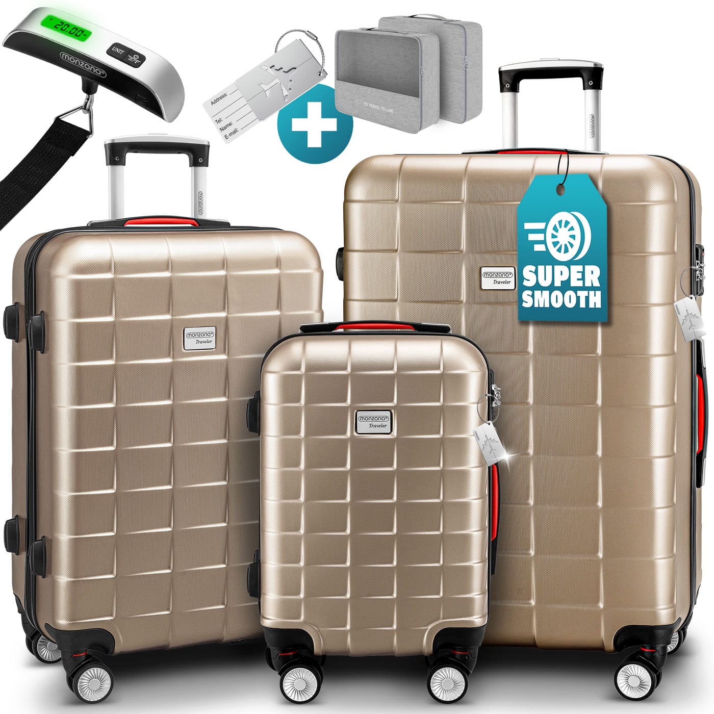 foto del prodotto set di valigie rigide exopack 3 pezzi champagne accessori in abs