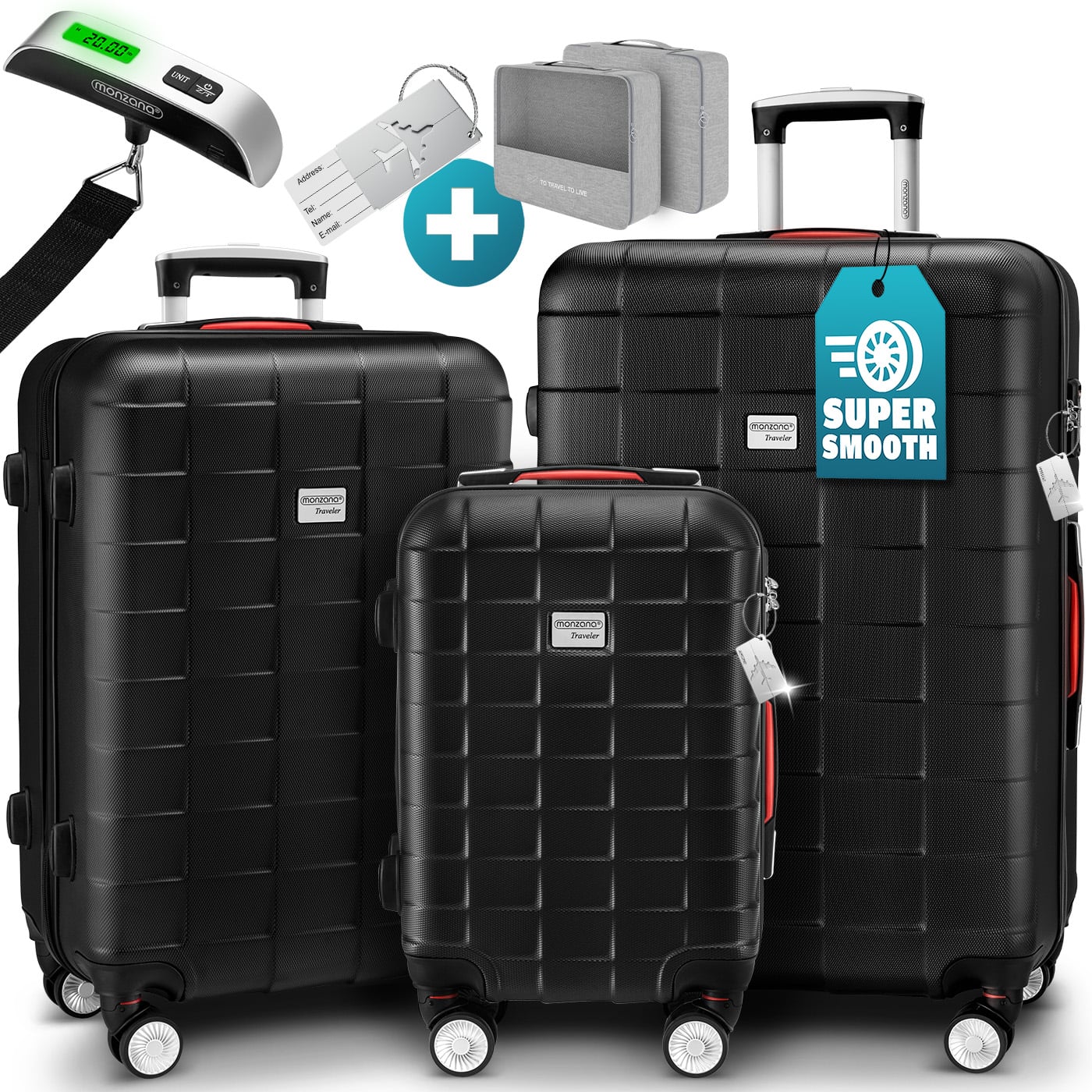 foto del prodotto set di valigie rigide exopack 3 pezzi in abs nero accessori