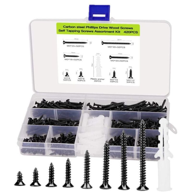 foto del prodotto set di viti piccole m3, set di viti per legno, 420 viti autofilettanti piccole a testa piatta phillips, viti per legno nere, viti per cerniere per