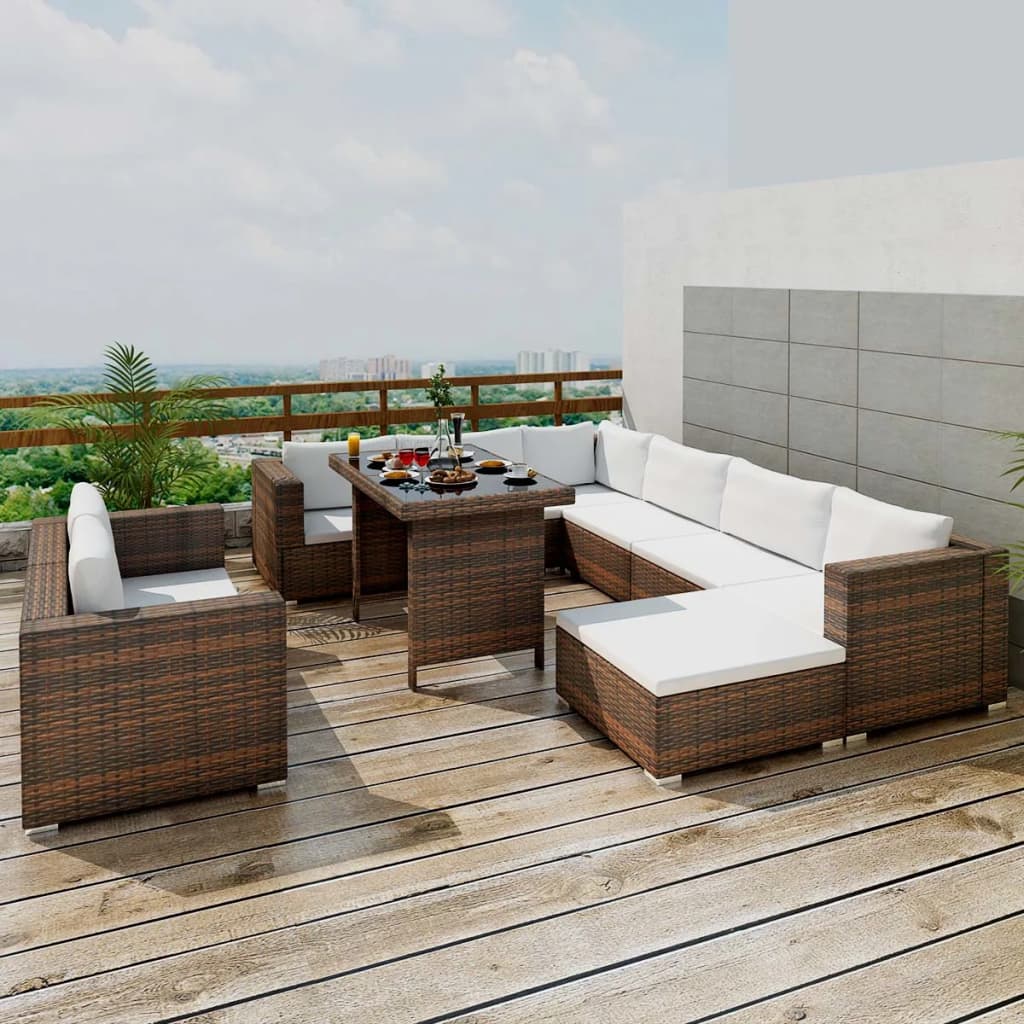 foto del prodotto set divani da giardino 10 pz con cuscini in polyrattan marrone cod mxl 39740