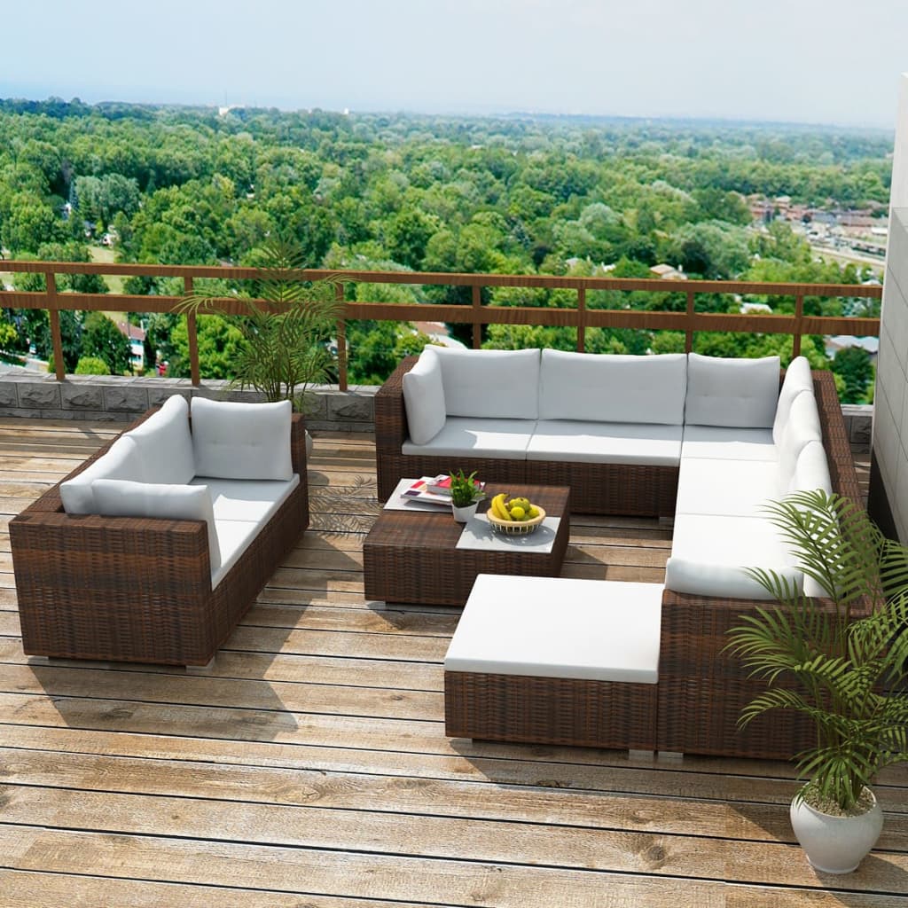 foto del prodotto set divani da giardino 10 pz con cuscini in polyrattan marrone cod mxl 42262