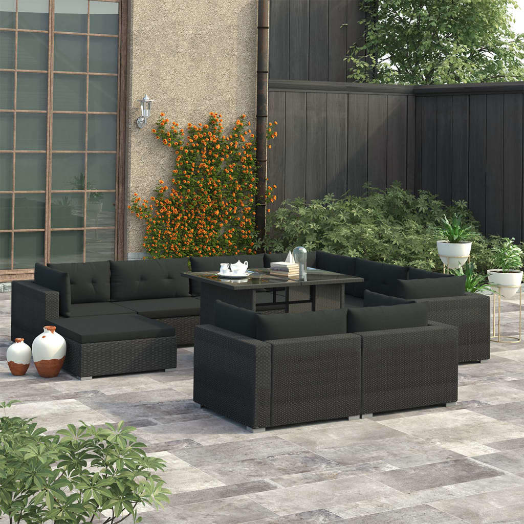 foto del prodotto set divani da giardino 10 pz con cuscini in polyrattan nero cod mxl 35507