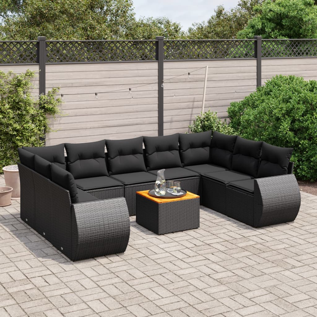 foto del prodotto set divani da giardino 10pz con cuscini in polyrattan nero