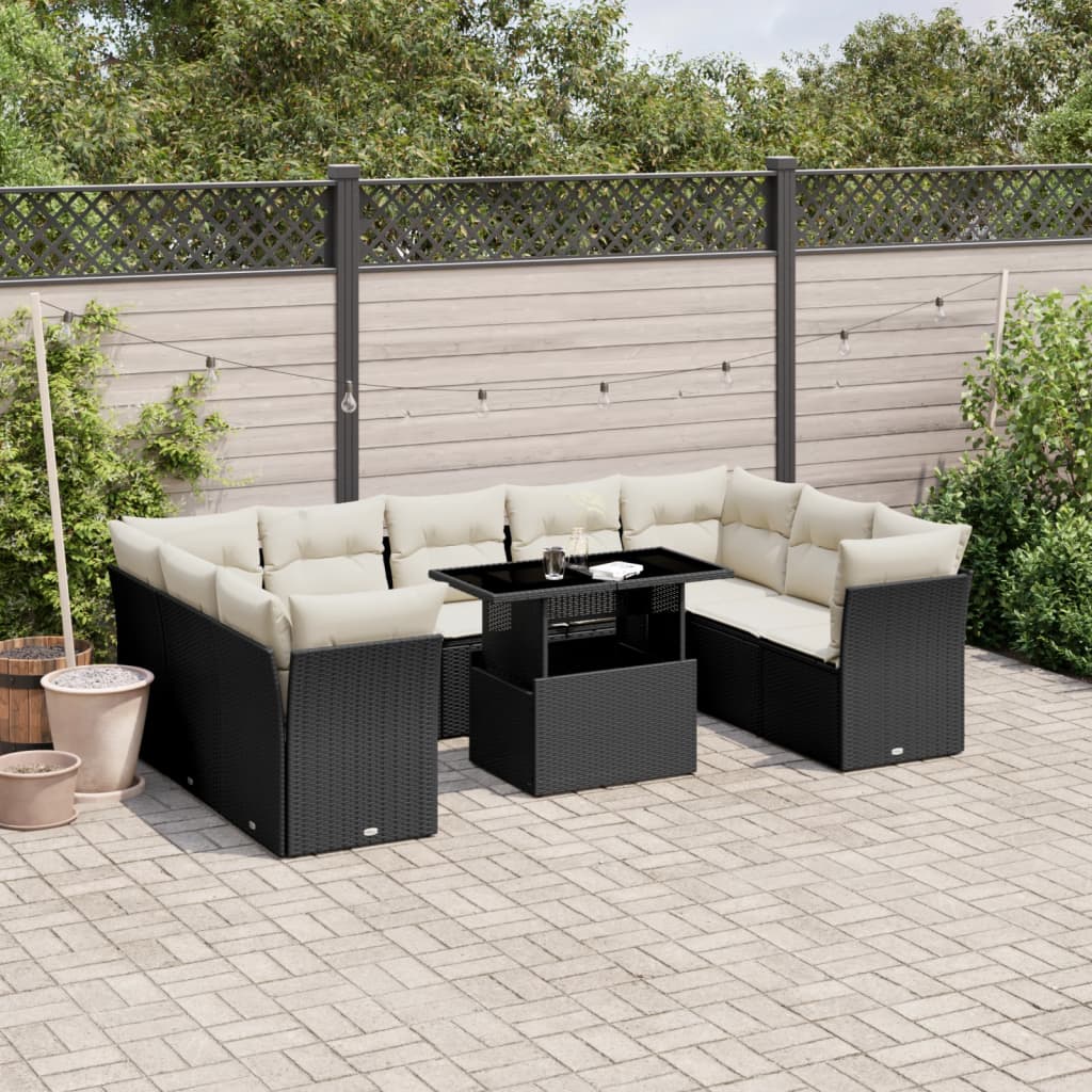 foto del prodotto set divani da giardino 10pz con cuscini in polyrattan nero