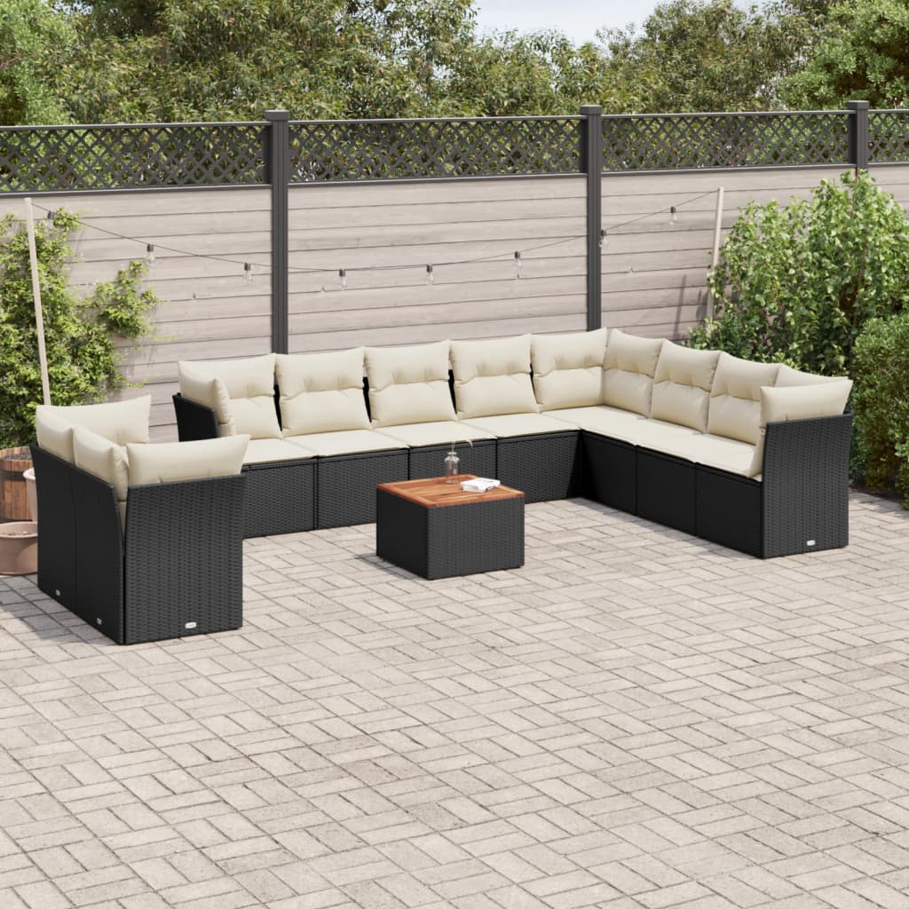 foto del prodotto set divani da giardino 11 pz con cuscini in polyrattan nero