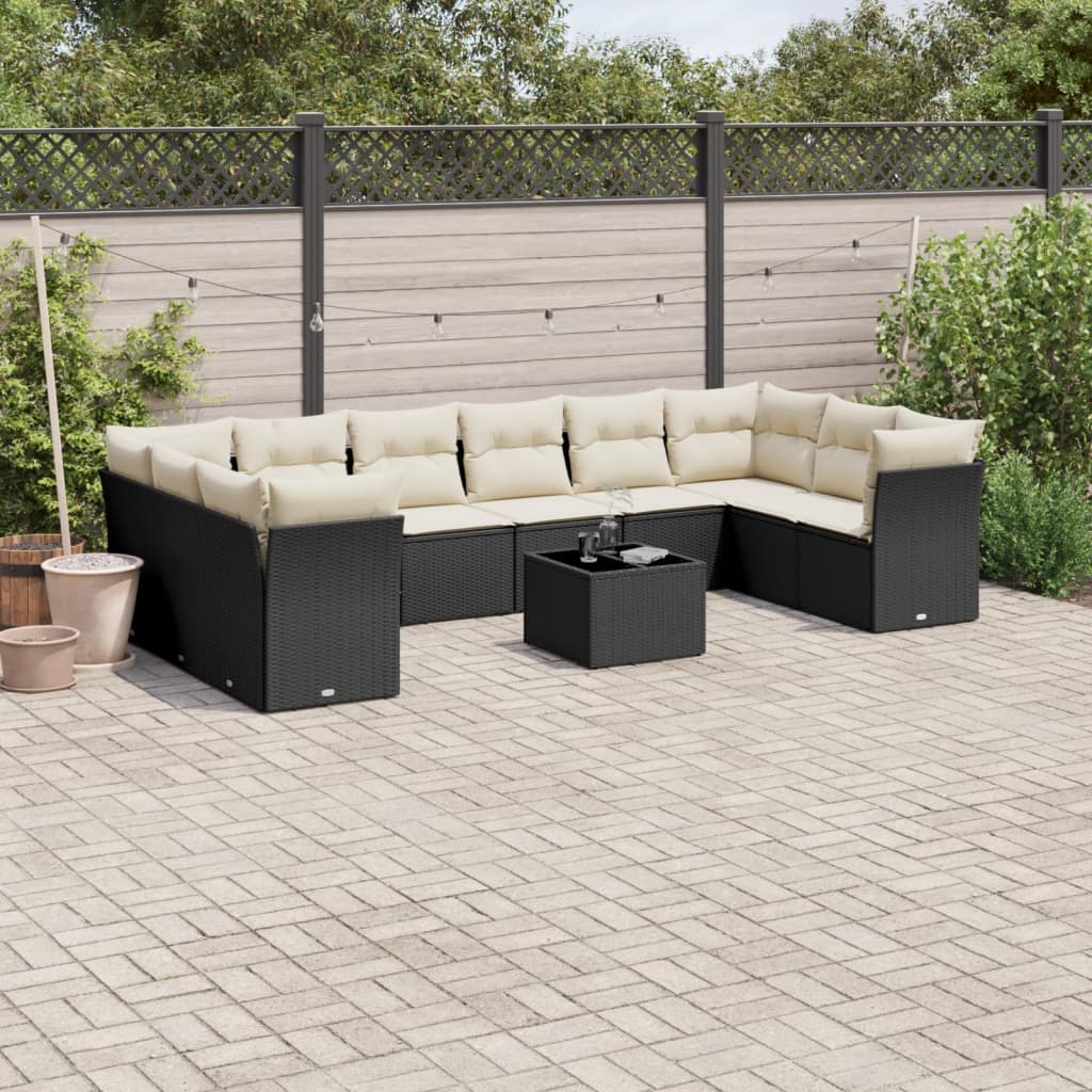 foto del prodotto set divani da giardino 11 pz con cuscini in polyrattan nero