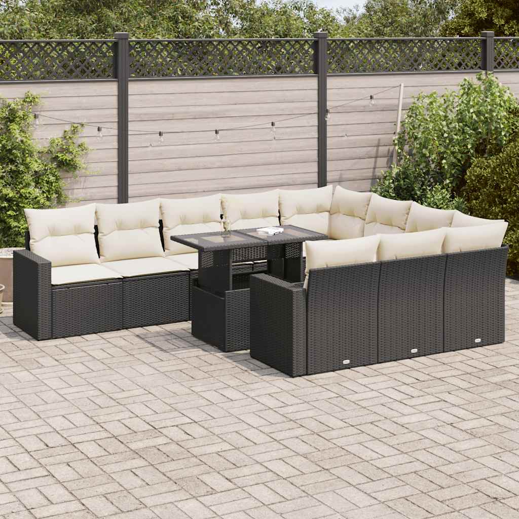 foto del prodotto set divani da giardino 11 pz con cuscini in polyrattan nero