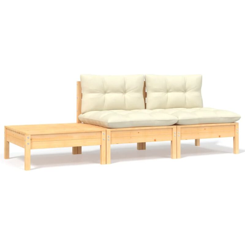 foto del prodotto set divani da giardino 3 pz con cuscini crema massello di pino