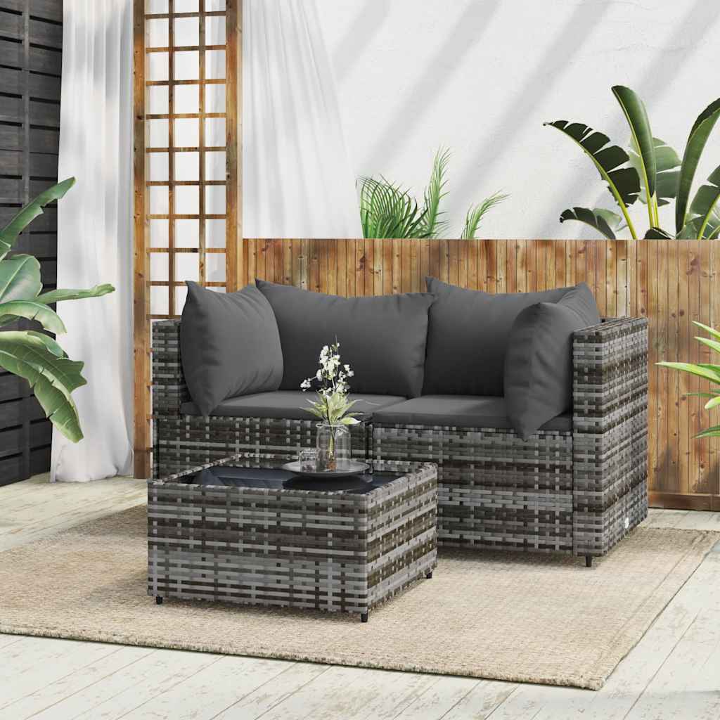 foto del prodotto set divani da giardino 3 pz con cuscini in polyrattan grigio