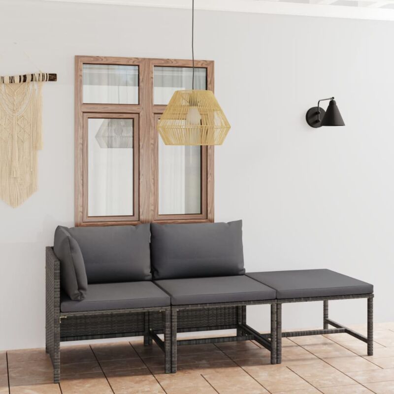 foto del prodotto set divani da giardino 3 pz con cuscini in polyrattan grigio vidaxl