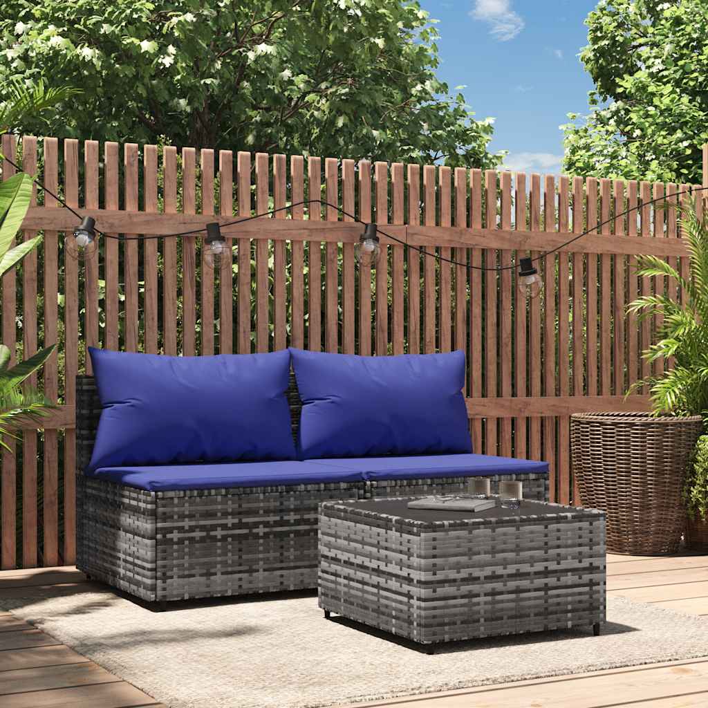 foto del prodotto set divani da giardino 3 pz con cuscini in polyrattan grigiocod mxl 130090