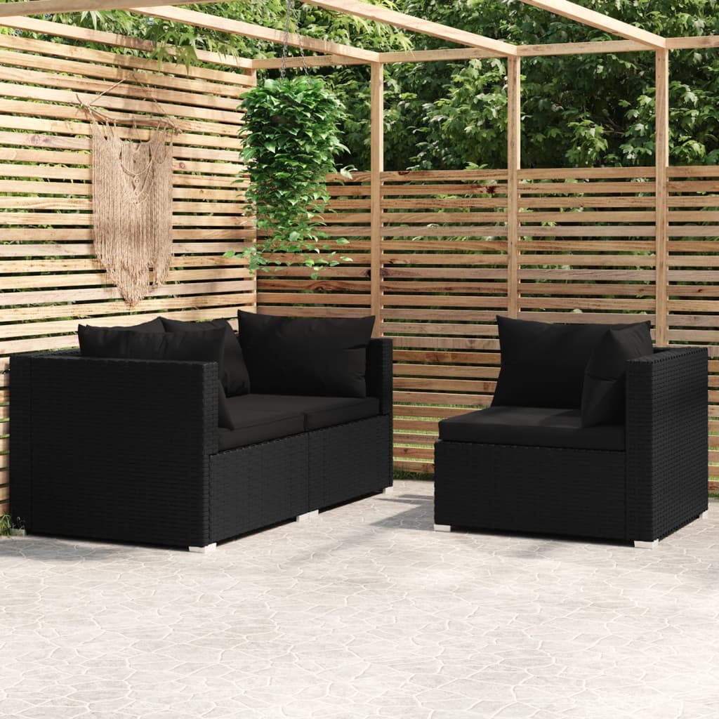foto del prodotto set divani da giardino 3 pz con cuscini in polyrattan nero