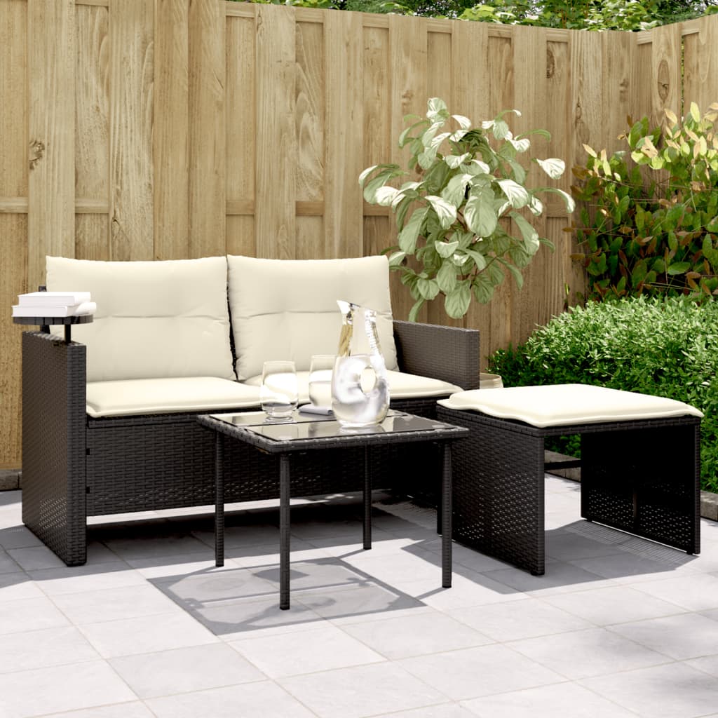 foto del prodotto set divani da giardino 3 pz con cuscini in polyrattan nero