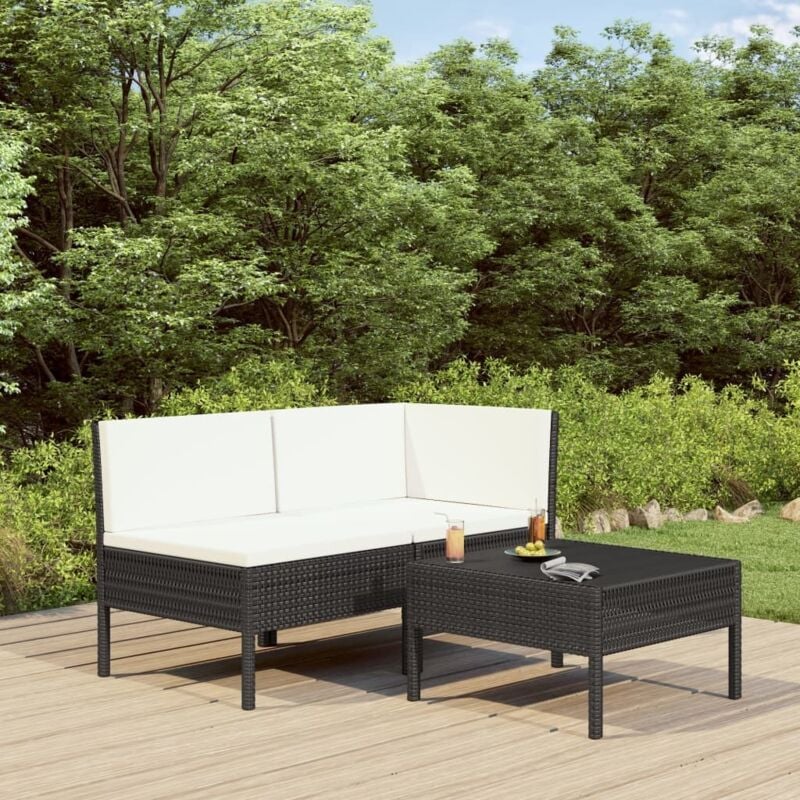 foto del prodotto set divani da giardino 3 pz con cuscini in polyrattan nero cod mxl 37746