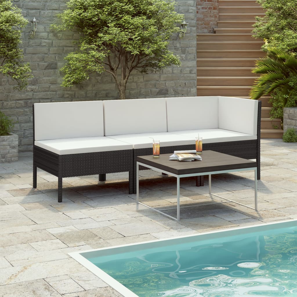 foto del prodotto set divani da giardino 3 pz con cuscini in polyrattan nero cod mxl 37749