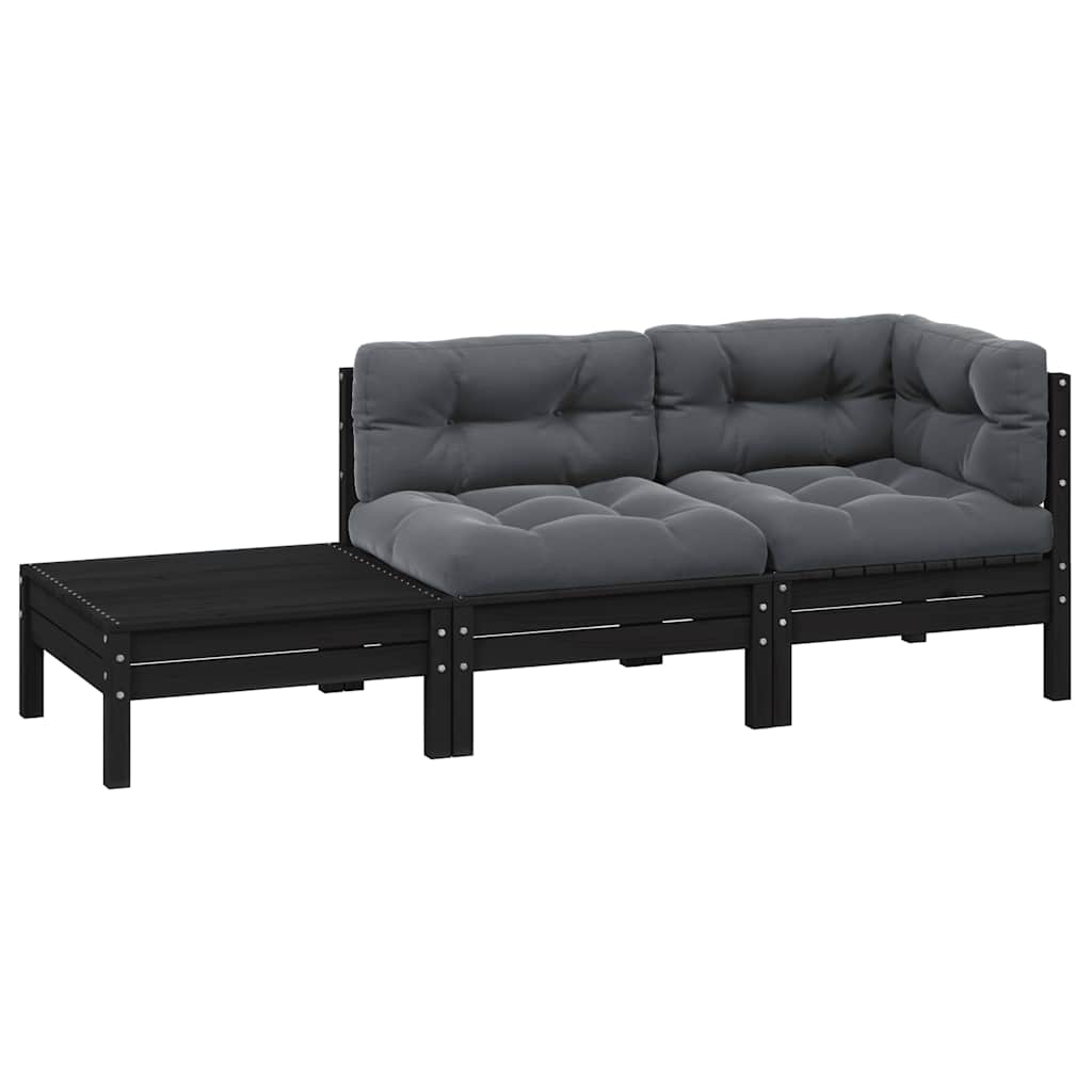 foto del prodotto set divani da giardino 3 pz con cuscini neri massello di pino cod mxl 73489