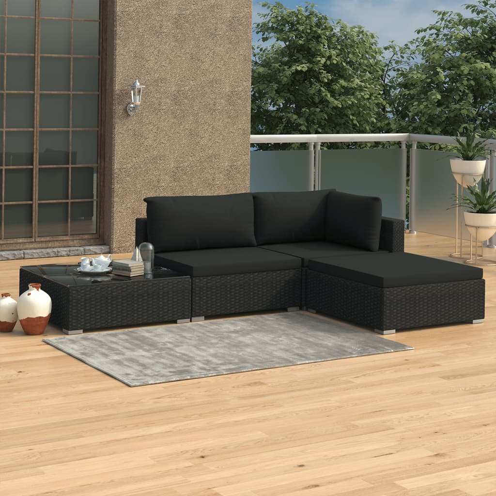foto del prodotto set divani da giardino 4 pz con cuscini in polyrattan nero cod mxl 35159