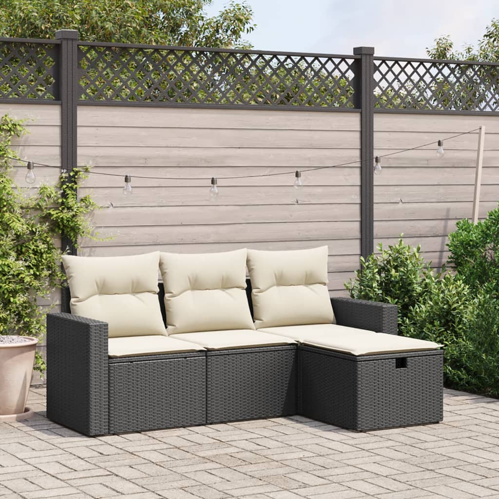 foto del prodotto set divani da giardino 4 pz con cuscini nero in polyrattan