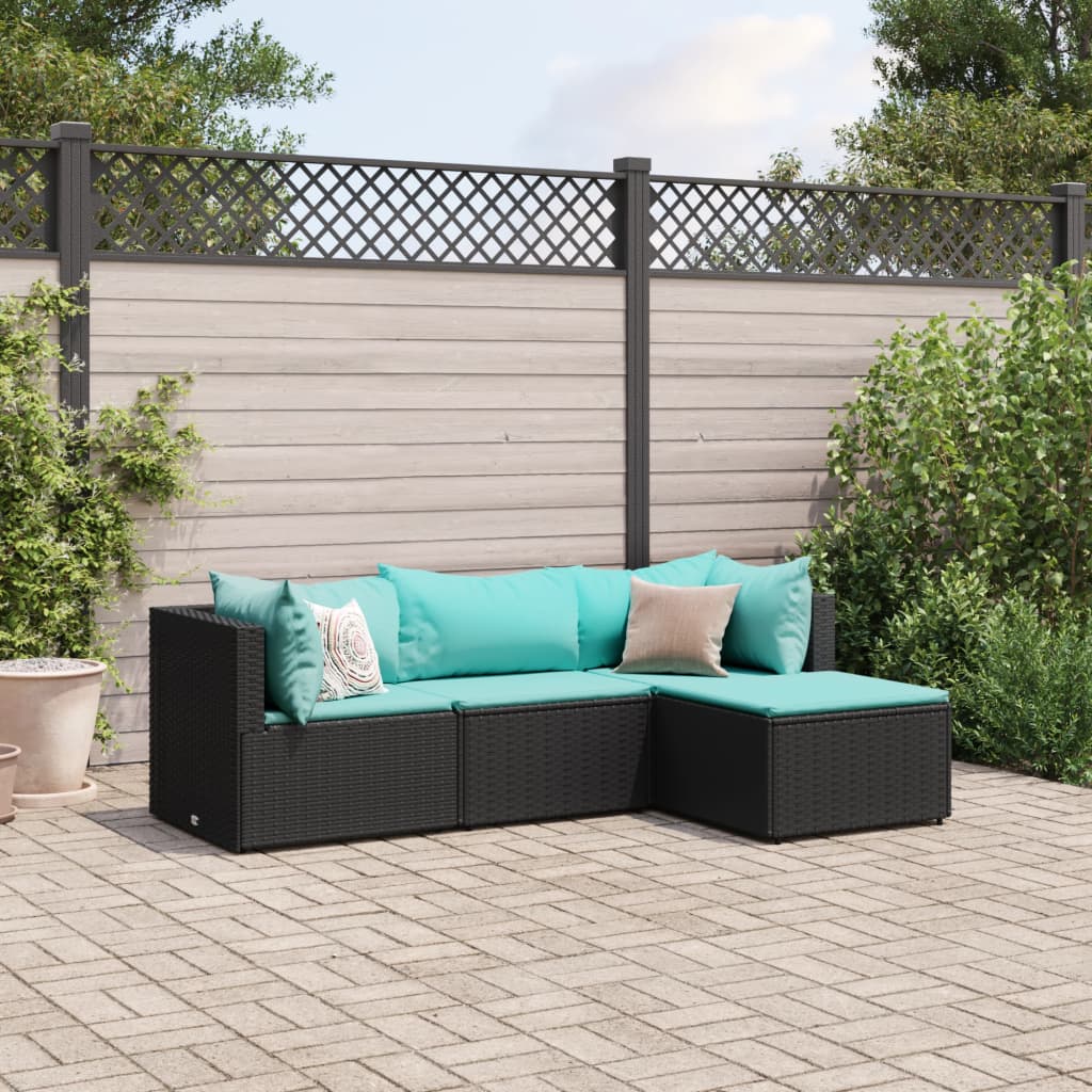 foto del prodotto set divani da giardino 4 pz con cuscini nero in polyrattan