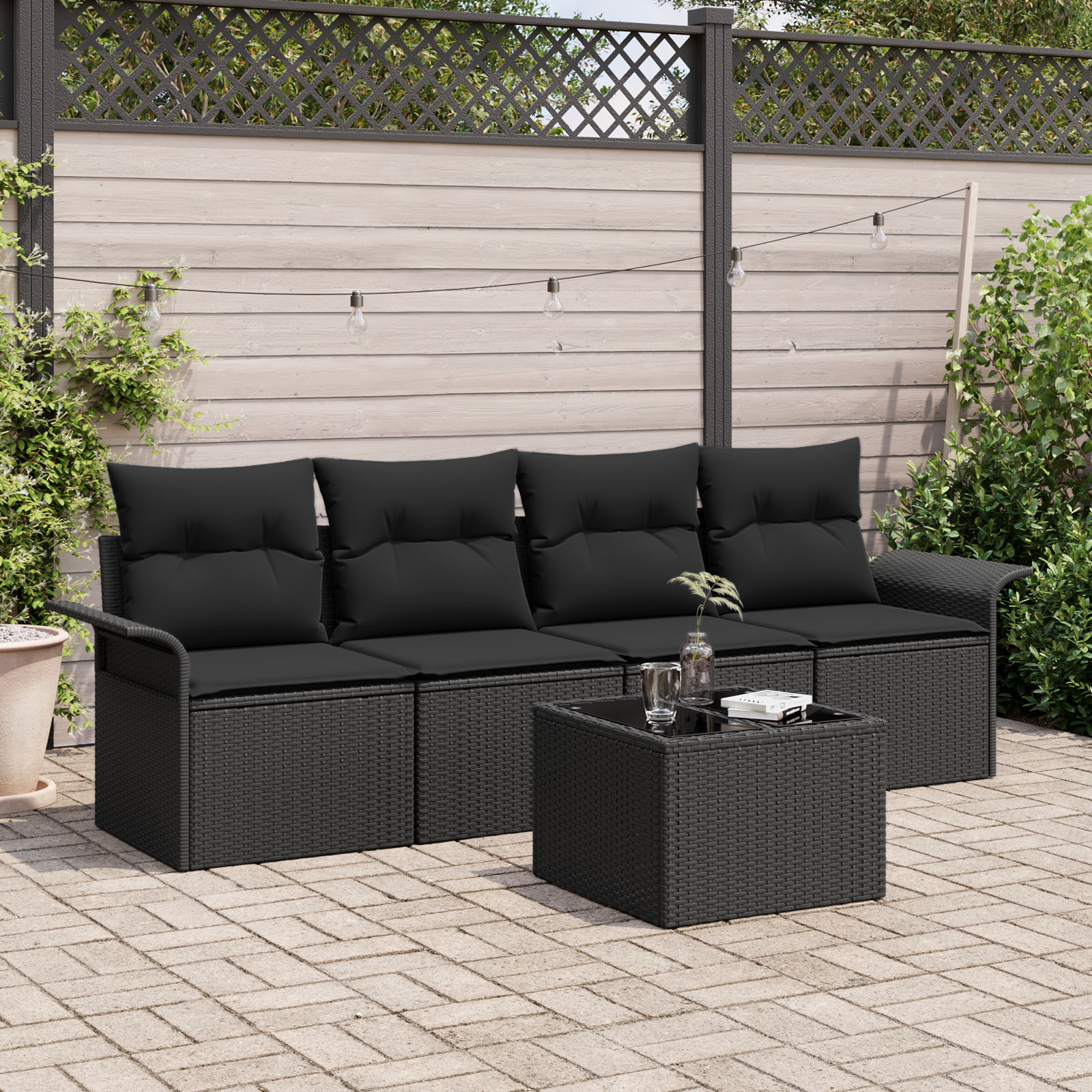 foto del prodotto set divani da giardino 5 pezzi con cuscini nero polyrattan
