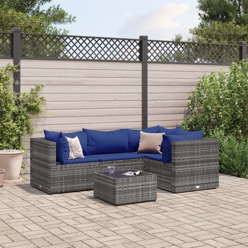 foto del prodotto set divani da giardino 5 pz con cuscini in polyrattan grigio