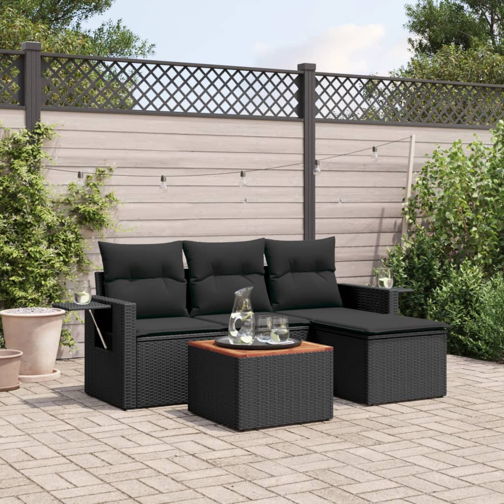 foto del prodotto set divani da giardino 5 pz con cuscini in polyrattan nero